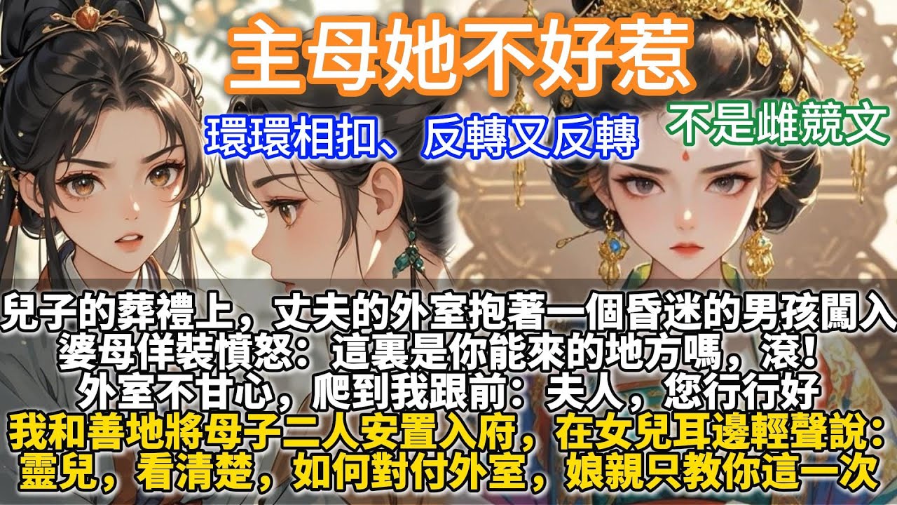 完結宅斗爽文：主母她不好惹。兒子的葬禮上，丈夫的外室抱著一個昏迷的男孩闖入靈堂，跪求婆母救救她兒子。婆母佯裝憤怒：這裏是你能來的地方嗎，滾！外室不甘心，爬到我跟前。我扶起她，和善地將母子二人安置入府。