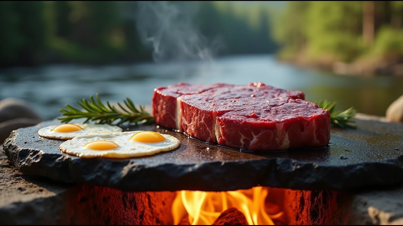 🥩 Primitive Cooking: Steak Ribeye on a Hot Stone in the Wild 🔥