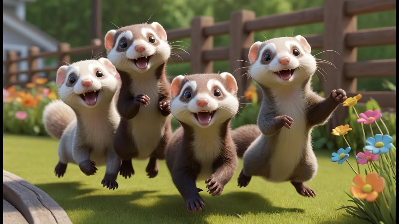 Vijf Kleine Fretjes Rennen, Rennen, Rennen | Vrolijk Dierenliedje & Tellen