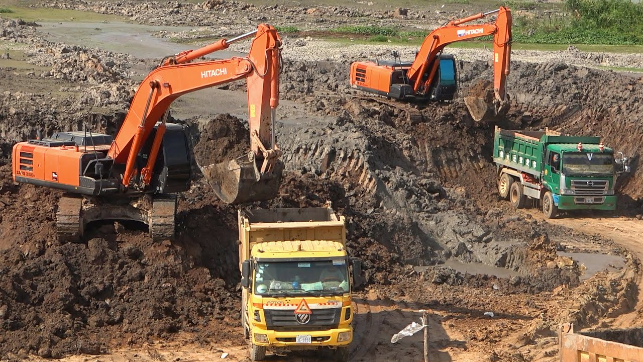 HITACHI ZAXIS 350H Excavator Digging Mud Loading Dump Truck - Excavator Working Video