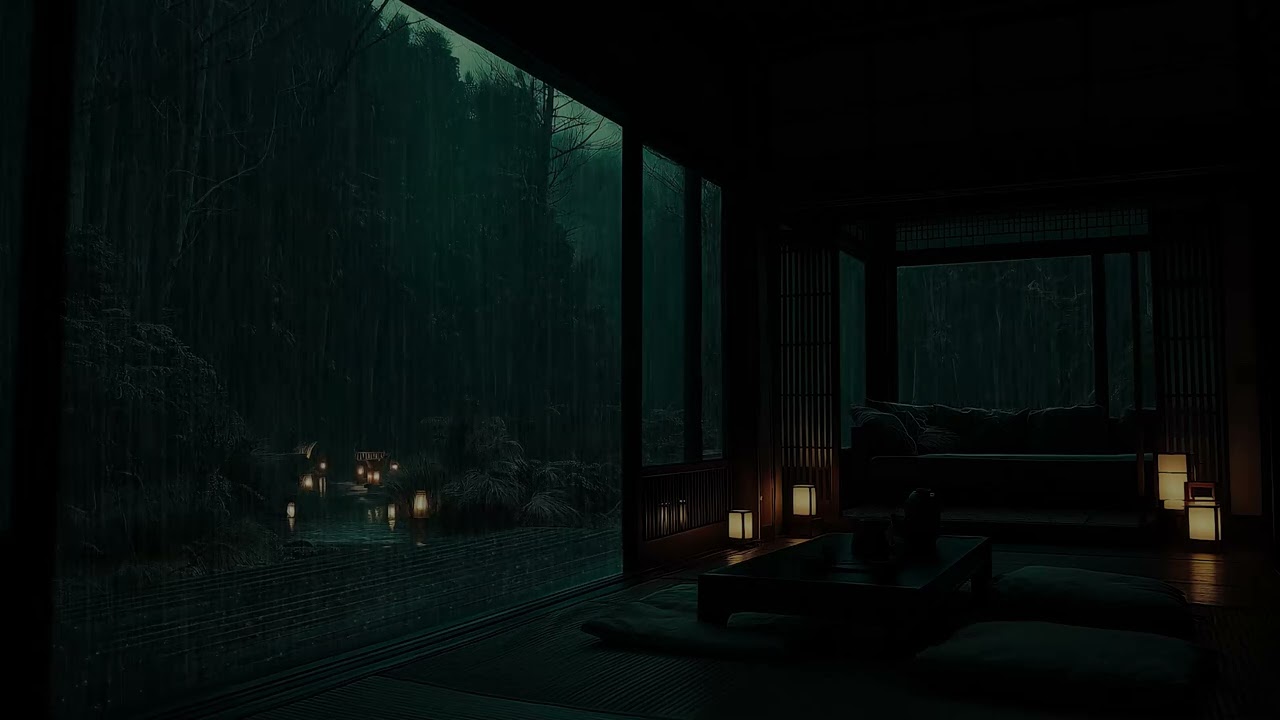 Peaceful Dark Room Ambience with Rain Outside and Soft Lighting for Sleeping and Focus