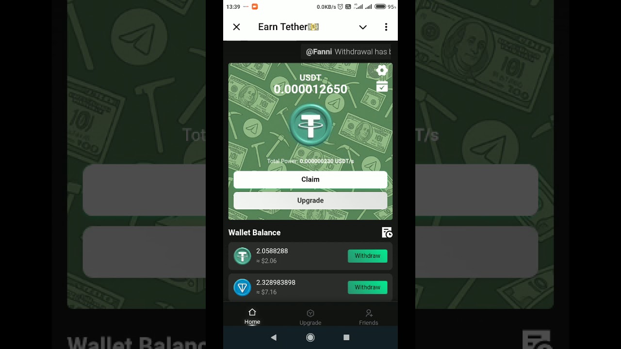 Earn Tether Telegram bot USDT Miner project Daily login Day 5 Reward in Earn Tether bot USDT Miner 