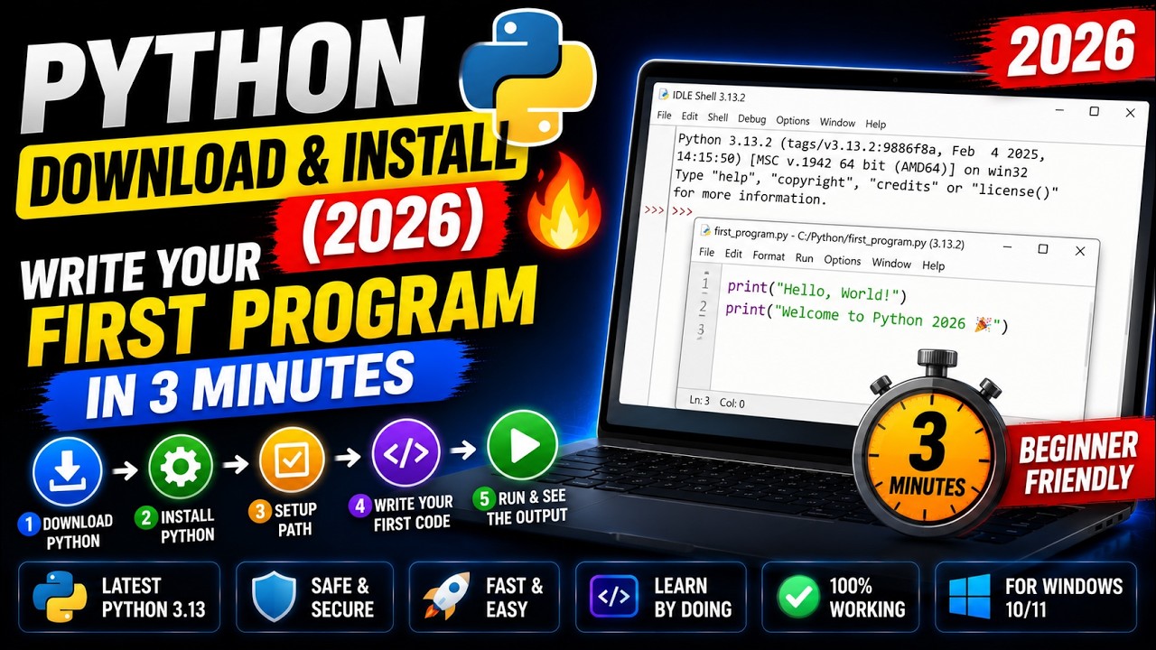 Download Python & Write Your First Program in 3 Minutes (Windows 10/11 | 2026)