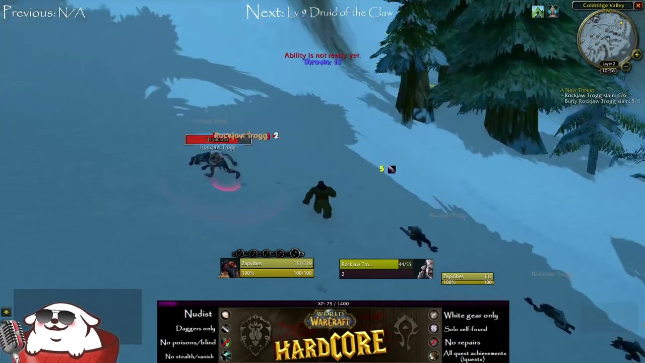VOD Lv 1-9 Attempt 1 Nudist rogue (Hardcore WoW) no stealth, no poisons, white daggers, quests