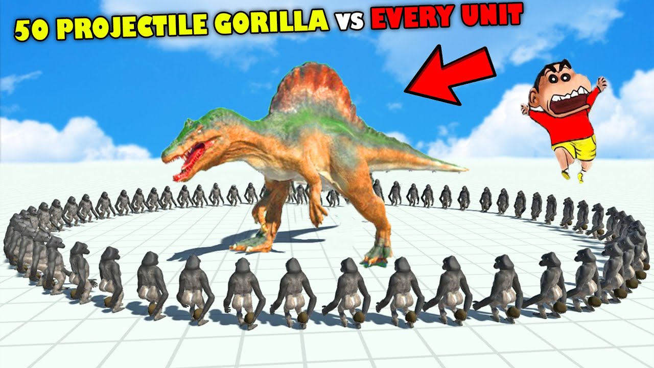 50 PROJECTILE GORILLA vs EVERY UNIT | SHINCHAN and CHOP fight DINOSAURS😱|😂Funny game in Hindi