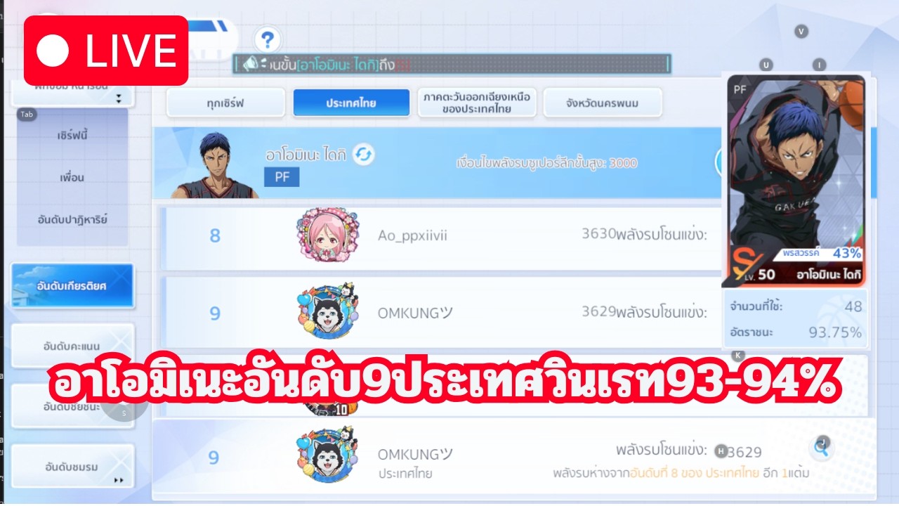 อาโอมิเนะอันดับ9ประเทศวินเรท93-94% l Kuroko Basketvall Street Rival