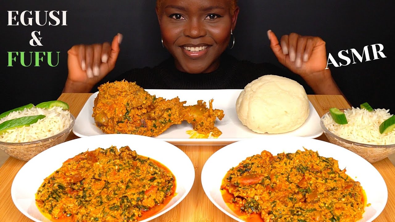 ASMR EGUSI SOUP WITH FUFU (POUNDO) & RICE MUKBANG (No talking) |Eating Sounds| Vikky ASMR