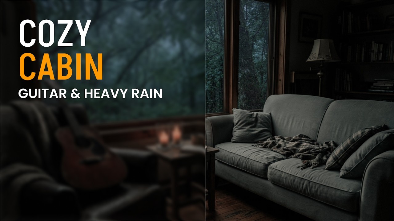 Cozy Forest Cabin 🎸 Nostalgic Acoustic Guitar & Heavy Rain for Solitude.