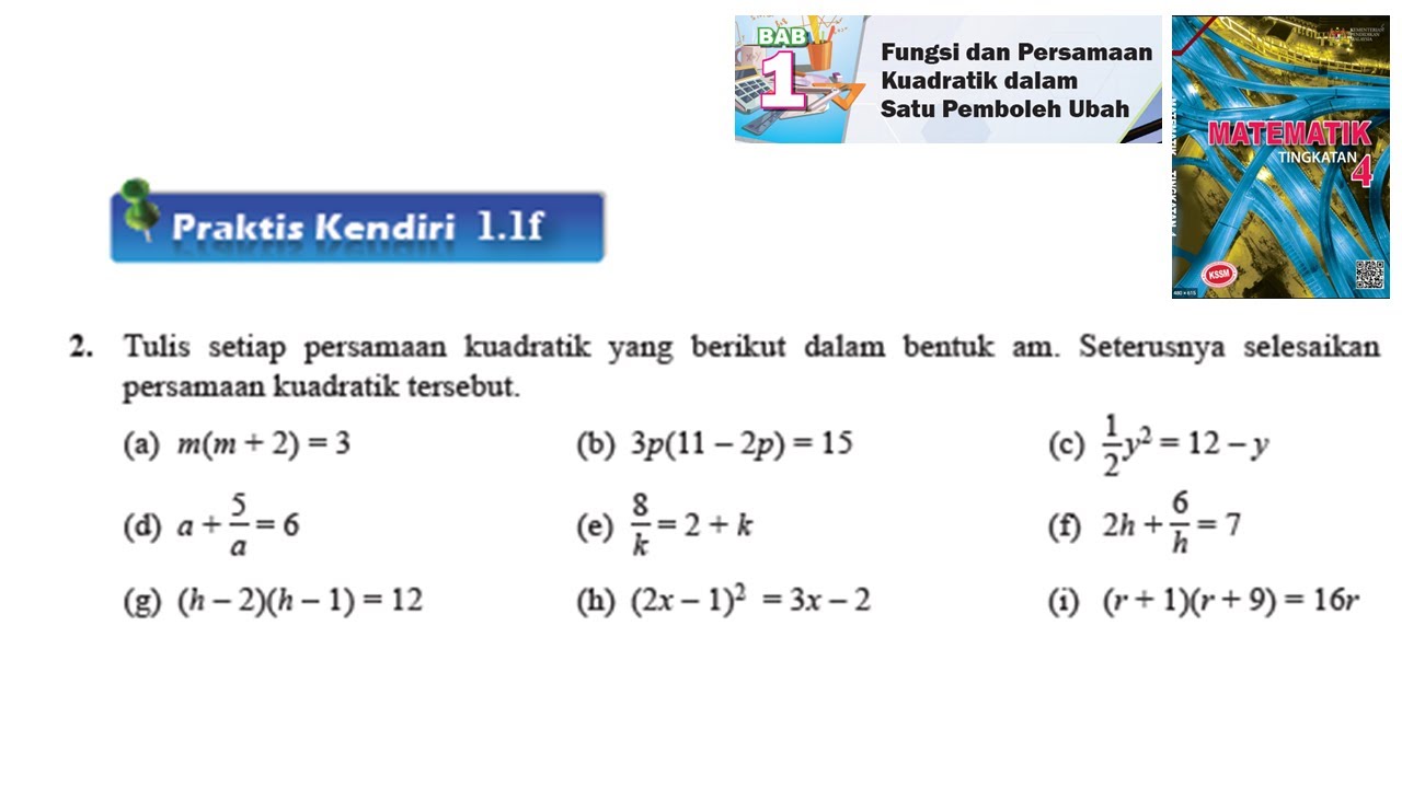 KSSM Matematik Tingkatan 4 Bab 1 Fungsi dan persamaan kuadratik dalam satu praktis kendiri 1.1f no2