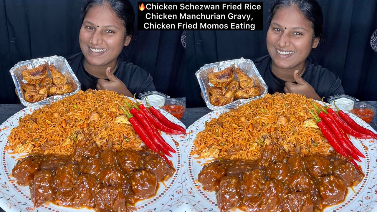 🔥 Chicken Schezwan Fried Rice, Chicken Manchurian Gravy, Chicken Fried Momos Eating  | Video 223