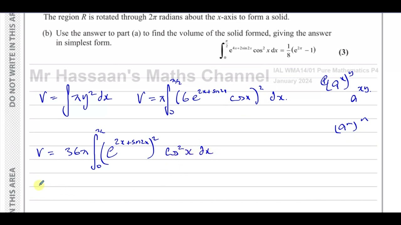 WMA14/01, (Edexcel), IAL P4, January 2024,  Q7(b), Integration, Volumes of Revolution