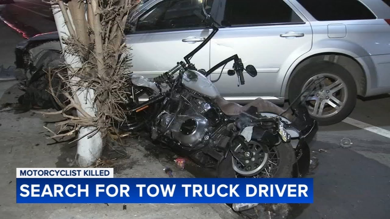 Motorcyclist dies after vehicle slides off tow truck, driver being sought