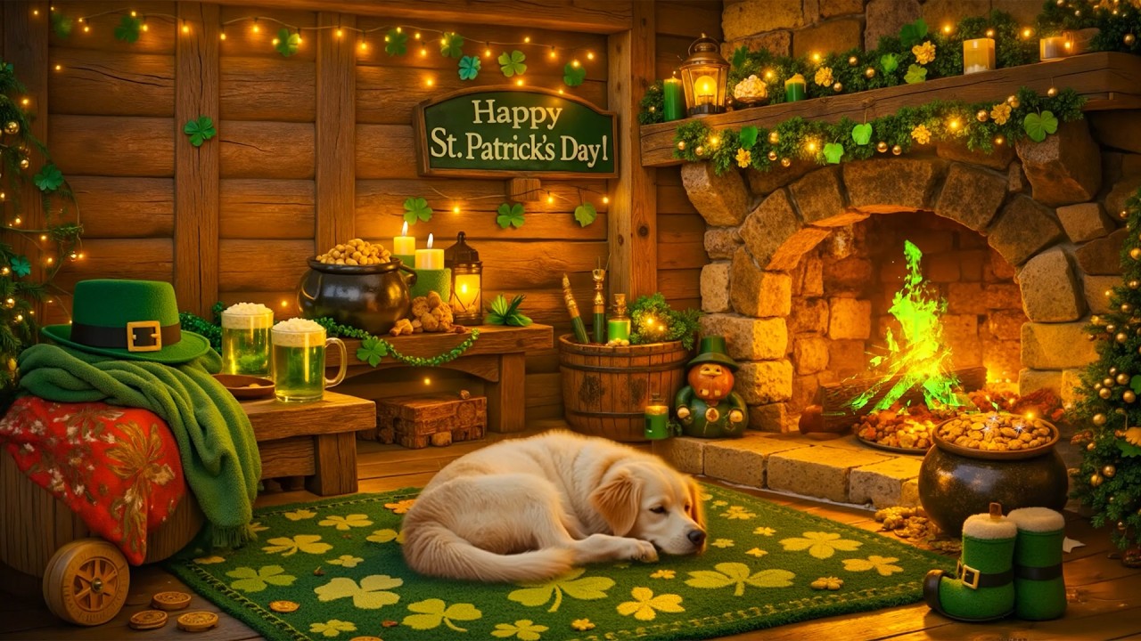 Relaxing St. Patrick's Day Music for Dogs 🐶 24/7 Gentle Anti-Anxiety Music For Dogs -Fireplace Sound