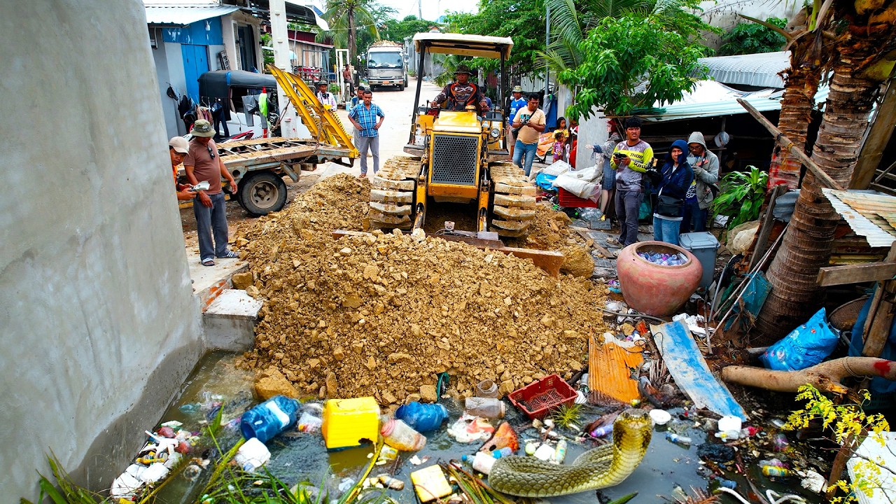 First Start Amazing Project! Delete Flooded Garbage Pond Using Dozer Pushing Stone with 5Ton Truck