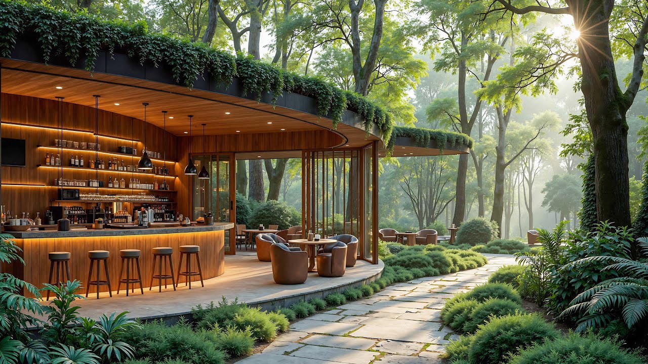 Sunlit Morning Forest Café Jazz Ambience | Soft Jazz & Forest Sounds for Calm Energy and Creative