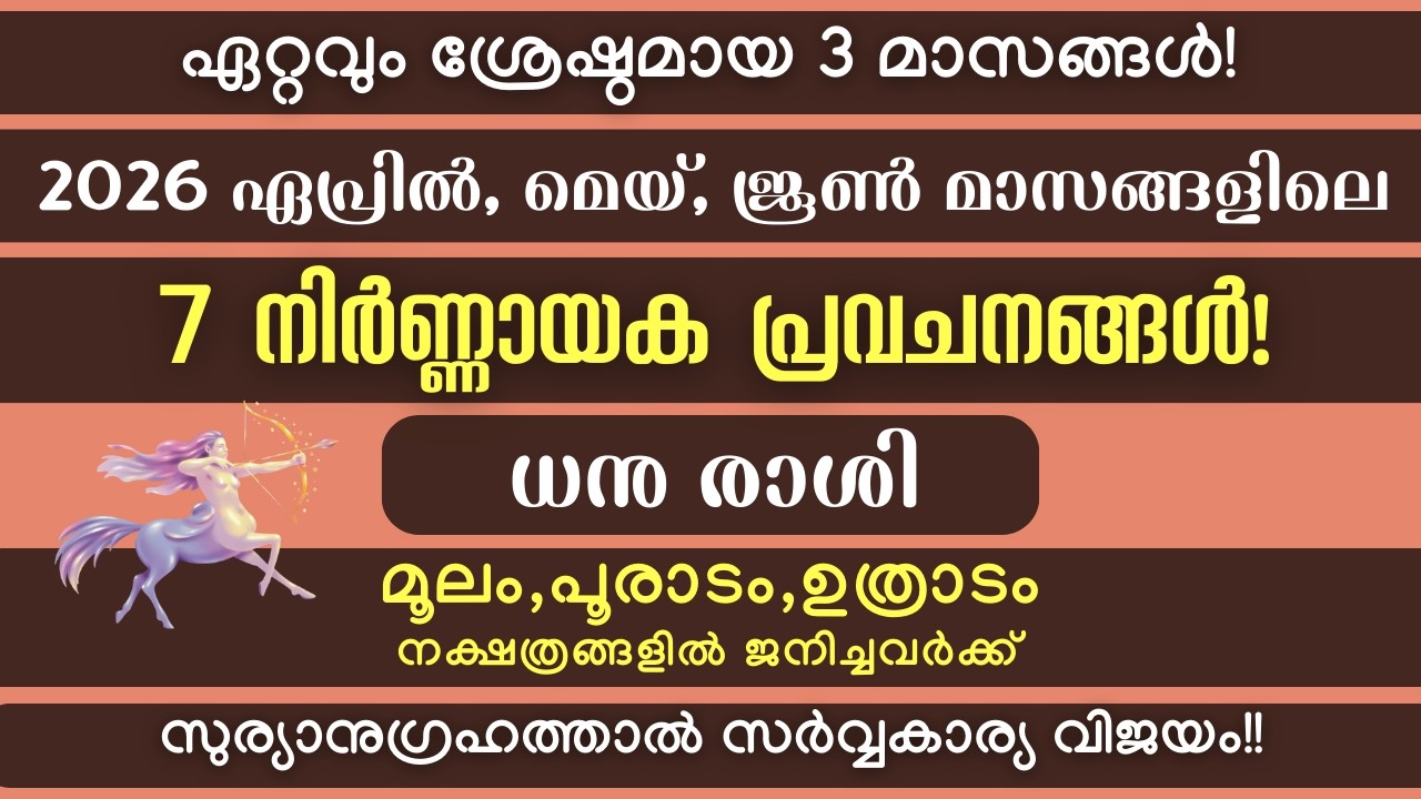 ധനു രാശി: 2026 ഏപ്രിൽ, മെയ്, ജൂൺ മാസങ്ങളിലെ  നിർണ്ണായക പ്രവചനങ്ങൾ! സുര്യാനുഗ്രഹത്താൽ മഹാഭാഗ്യം!!