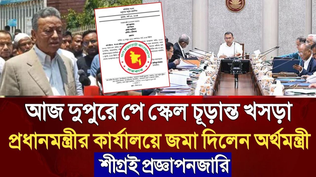 আজ দুপুরে পে স্কেল চূড়ান্ত খসড়া প্রধানমন্ত্রীর কার্যালয়ে জমা দিলেন অর্থমন্ত্রী। শীগ্রই প্রজ্ঞাপনজারি