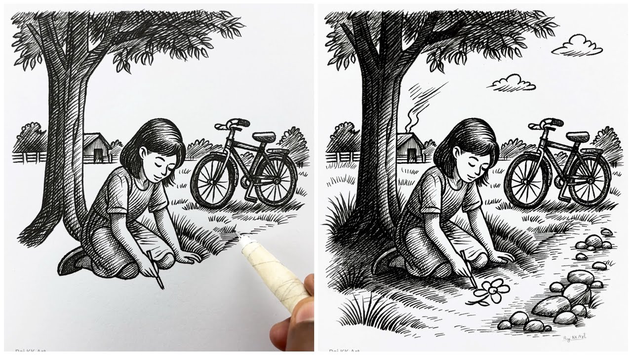 HOW TO DRAW a Peaceful Village Childhood Scene with a Girl Sketching Under a Tree