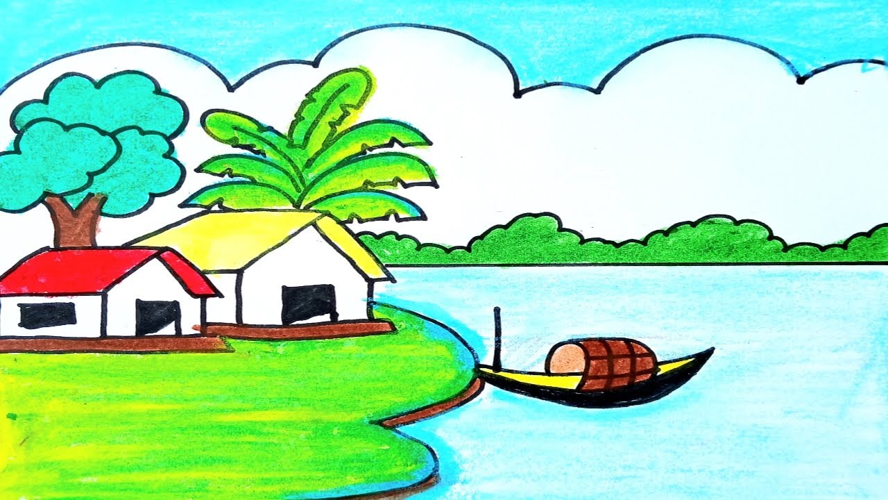 Easy landscape drawing for kids and beginners|Learn house and nature simple painting