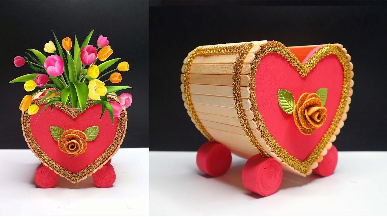 Ide Kreatif Vas bunga dari Stik es krim bentuk hati ( popsicle stick crafts )
