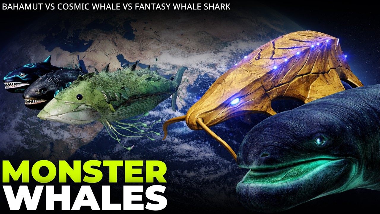 Epic Monster Whales Size Comparison 3D | Bahamut vs Cosmic Whale vs Fantasy Whale Shark