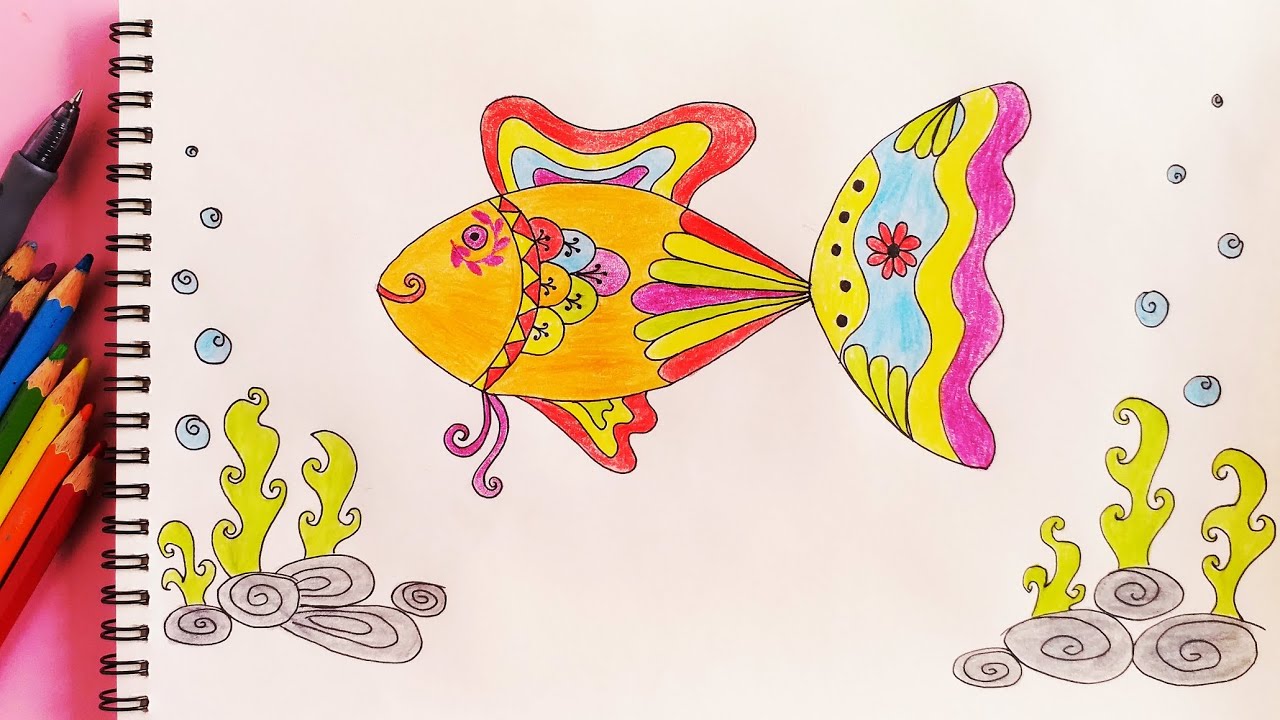 Cara Menghias Gambar Ikan || Gambar Dekoratif Dengan Motif Garis || SBdP kelas 3 Tema 1