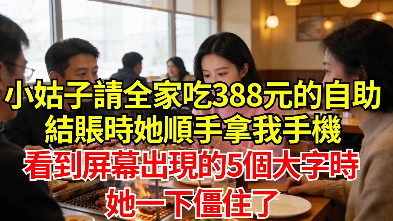 小姑子發完績效獎，請全家吃388元一位的烤排自助，結賬時她順手拿我手機，看到屏幕出現的5個大字時，她一下僵住了#婚姻#爽文#情感故事#女性逆襲#深夜故事