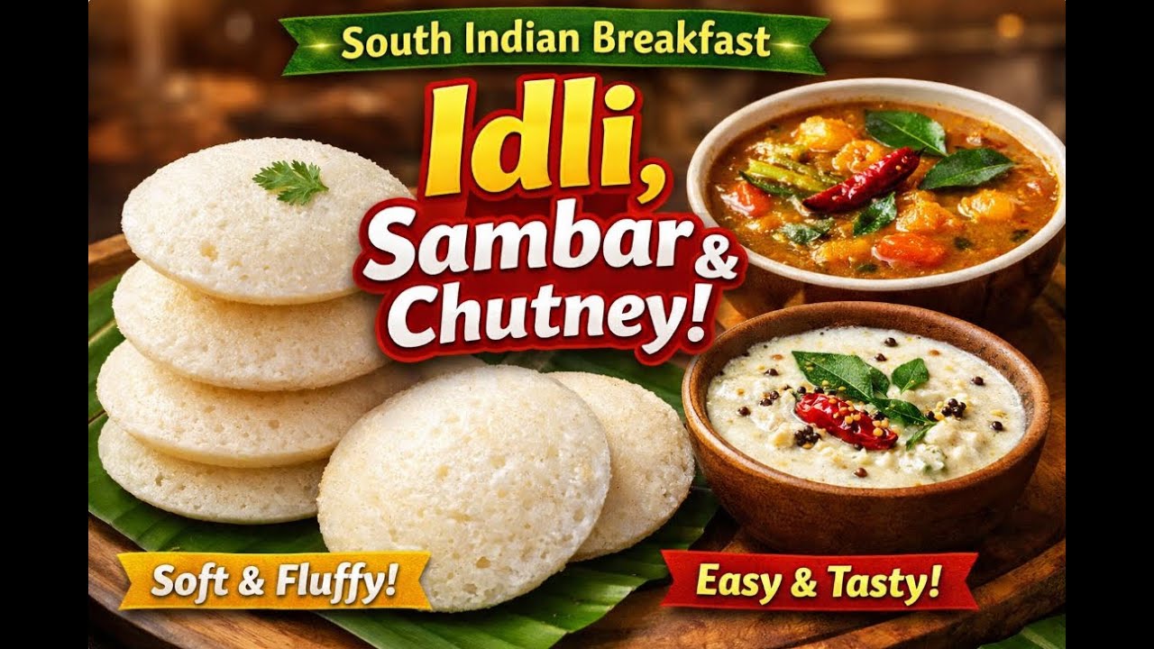 Soft Steamed Idli with South Indian Sambar & Coconut Chutney | Breakfast Recipe