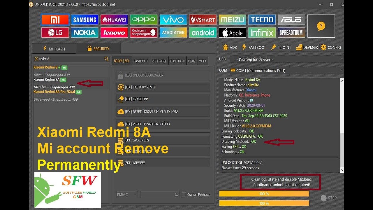 Xiaomi Redmi 8A Mi account Remove Unlock Tool