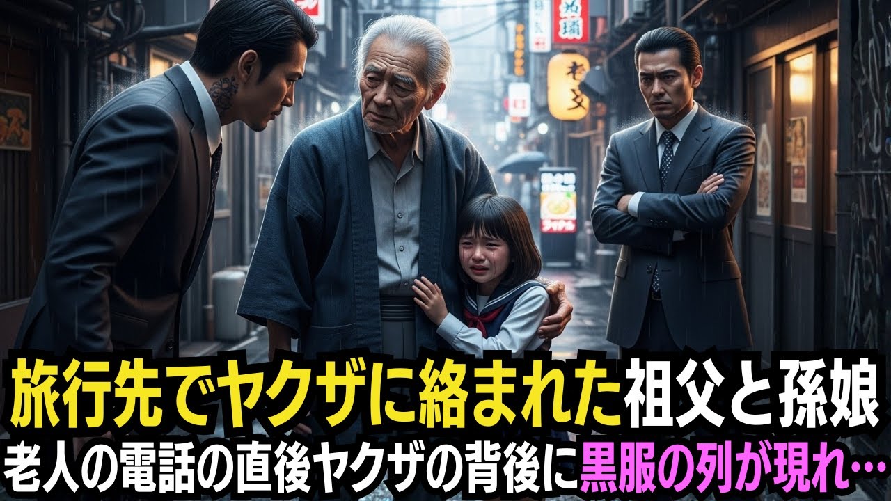 旅行先でヤクザに絡まれた祖父と孫娘。震える孫を前に電話した老人――次の瞬間、ヤクザの背後に“黒服の列”が…