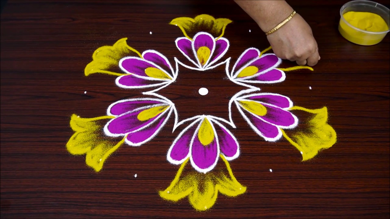 Easy Big Flower Kolam Design with 9x5 dots || colour rangoli kolam || Sankranthi Muggulu with colors