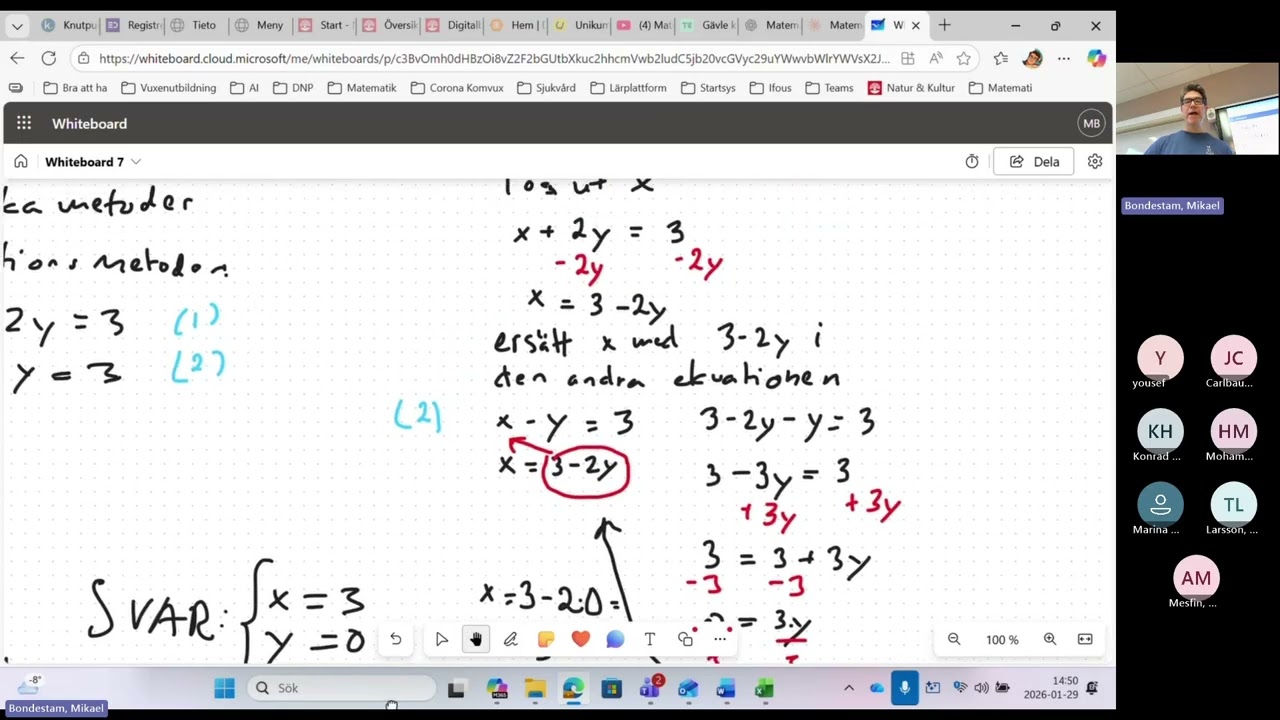 Matematik lektion 260129 linjära ekvationssystem algebraisk metod