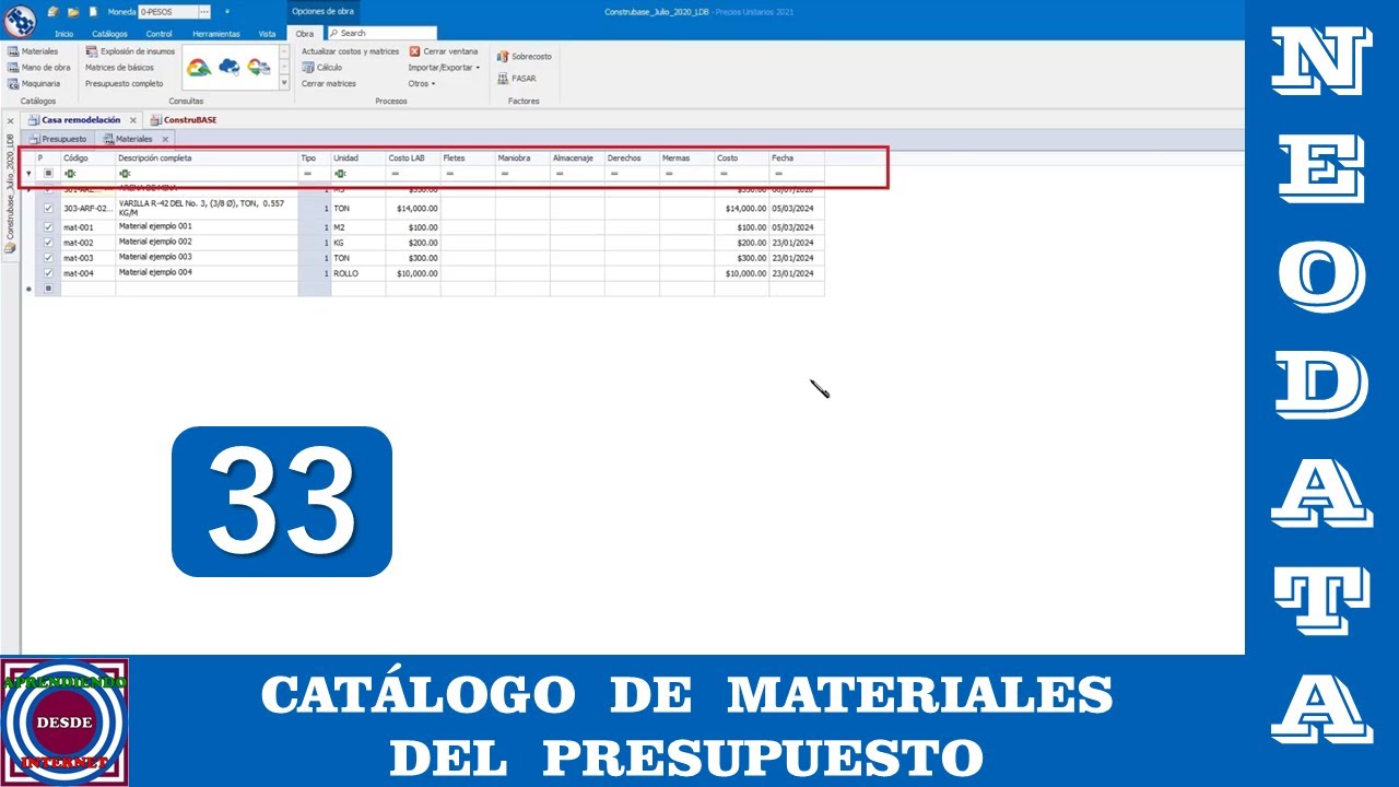 Catálogo de Materiales del Presupuesto en Neodata 2021