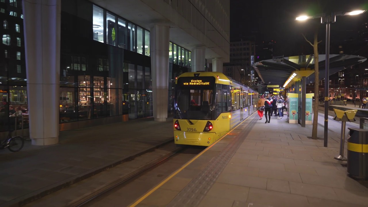 United Kingdom, Manchester, tram night ride from St Peter's Square to Cornbrook + walk