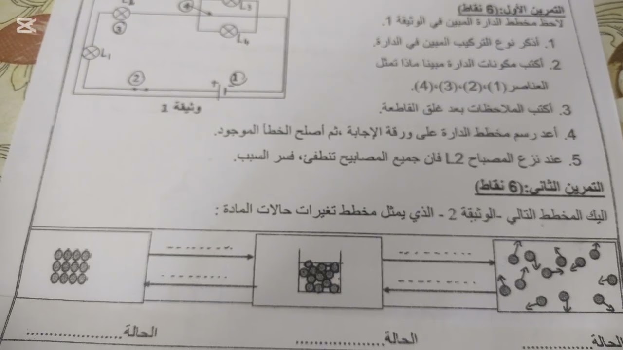 اختبار العلوم الفيزيائية السنة الاولى متوسط الفصل الثاني 