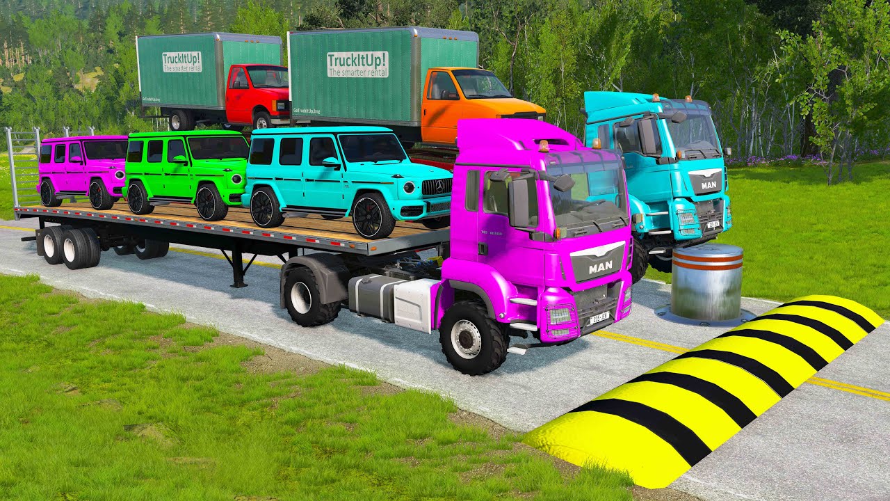 Flatbed Trailer Cars Transporatation with Truck - Pothole vs Car - BeamNG.Drive #167
