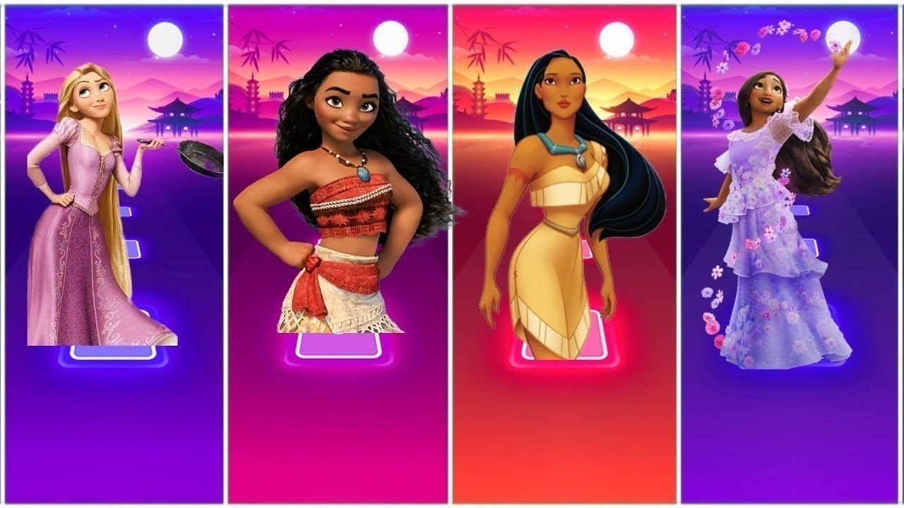 !! Tangled Rapunzel 🆚 Isabella Princess 🆚 Pocohentas 🆚 Moana Princess !! Tiles Hop EDM Rush !!