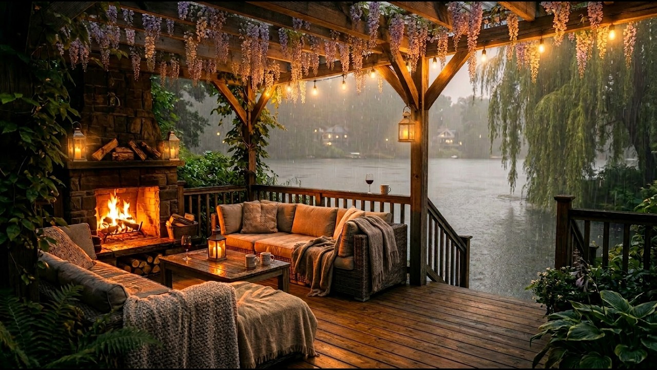 Rainy Day by the Lake with Fireplace 🔥 | Cozy Piano & Rain Sounds for Sleep & Relaxation