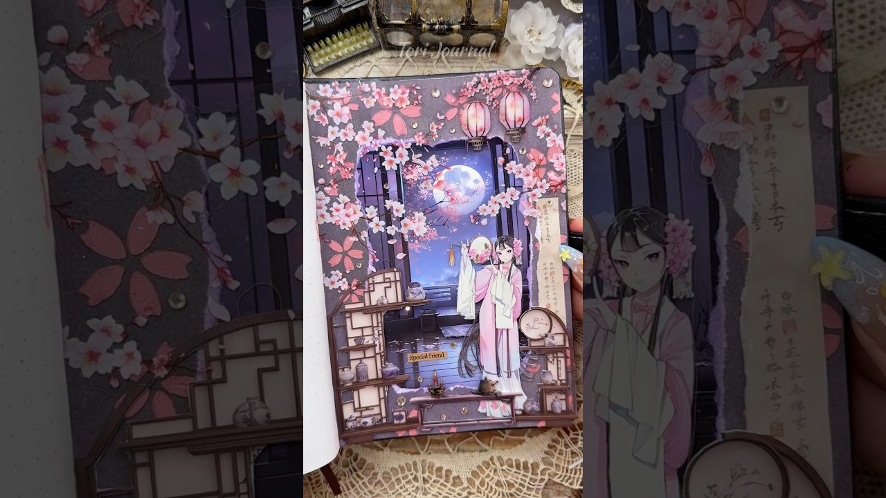 ASMR journal Moonlit Blossoms🌸🌑🎐🏮✨🌌🫖|#asmr #journal #scrapbooking #journaling #fyp #diy