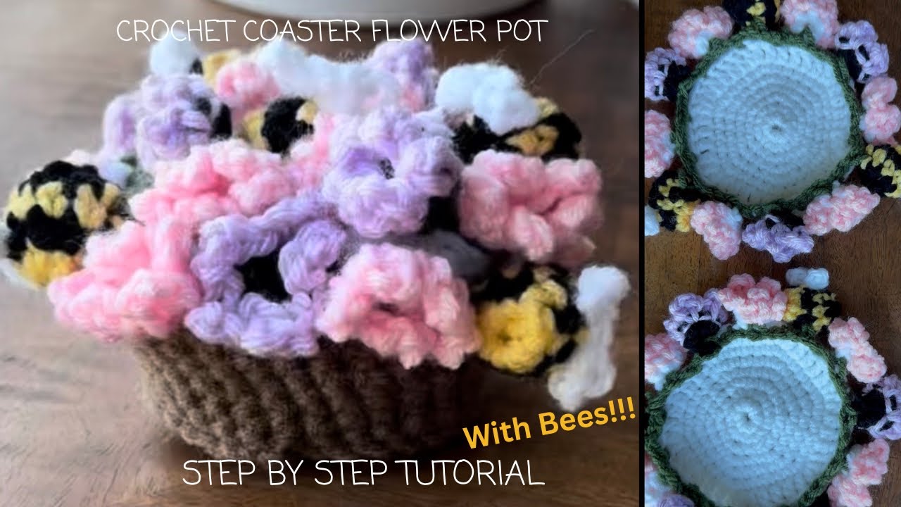 Crochet Coaster Tutorial: Flower Pot With Bees!