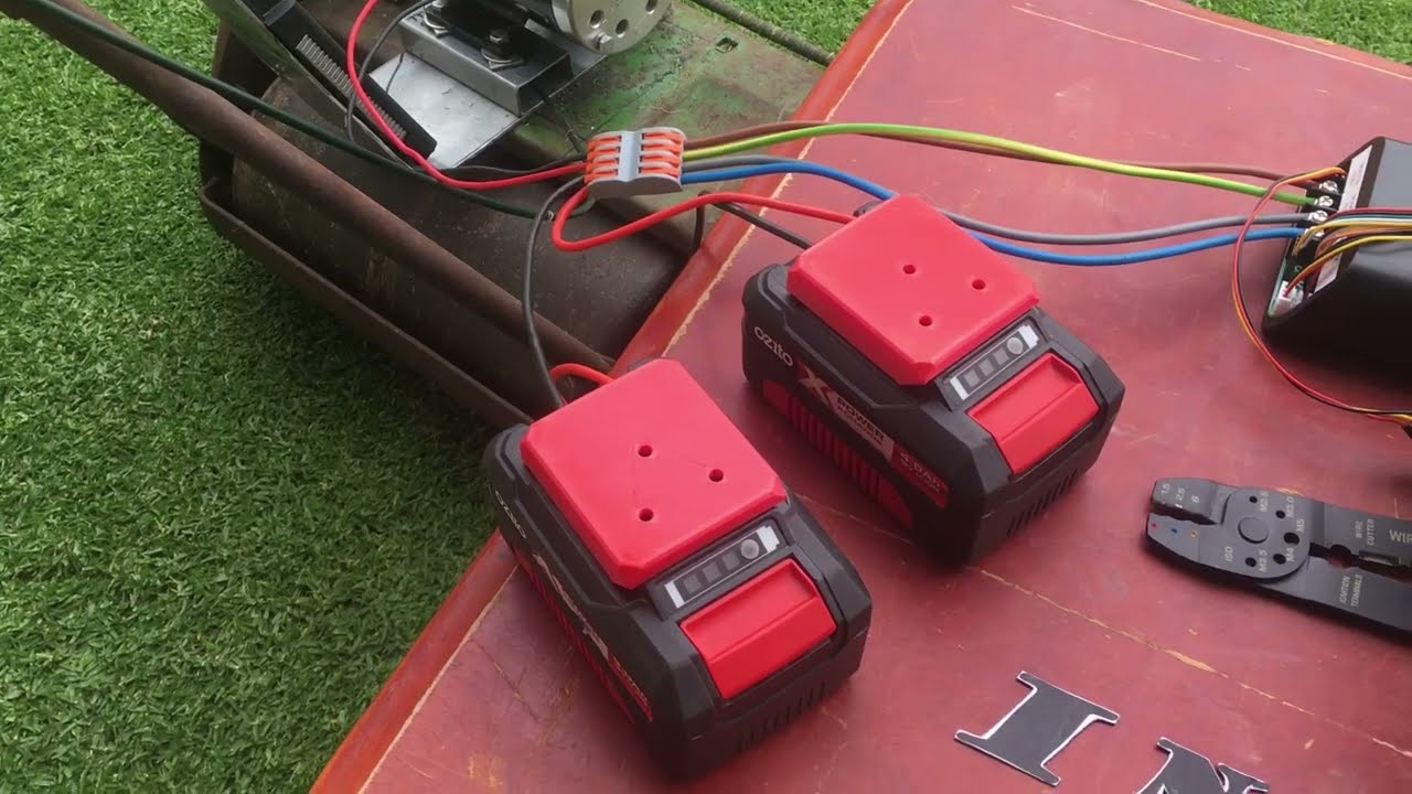 Qualcast Commodore Cylinder Mower run by 36V Ozito PXC Battery Power Bank DIY