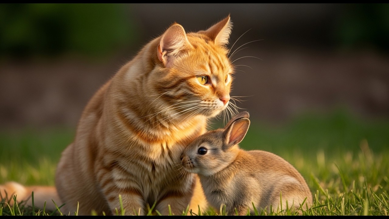 I didn’t expect this jealous cat to guard a baby bunny like this