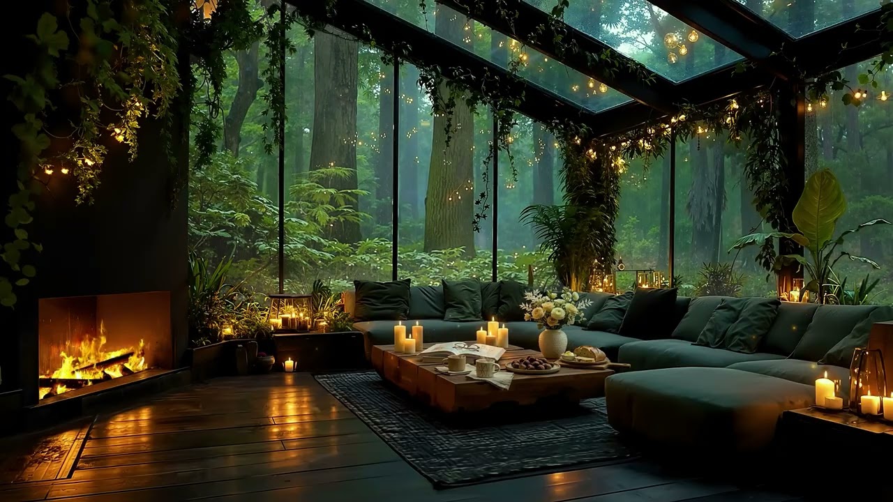Smooth Jazz & Heavy Rain at Cozy Forest Cabin Ambience 🌲 Fireplace Sounds for Study, Work