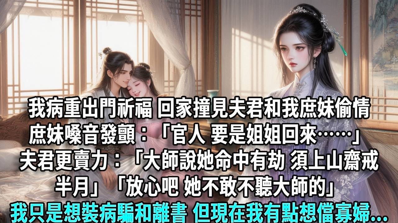 我病重出門祈福，回家撞見夫君和我庶妹偷情。庶妹嗓音發顫：「官人，要是姐姐回來……」夫君更賣力：「大師說她命中有劫，須得上山齋戒半月。放心吧，她不敢不聽大師的。」原本我只是想裝病把和離書騙到手，但現在我