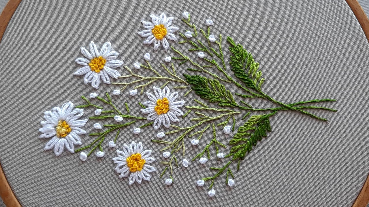 Hand Embroidery: Daisy flower 🌼 Very easy stitches * top embroidery 🌼