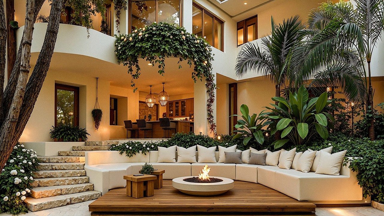 Cozy Jazz beside a Courtyard Fire Pit 🌿 Smooth Jazz & Calm Mood To Relieve Stress