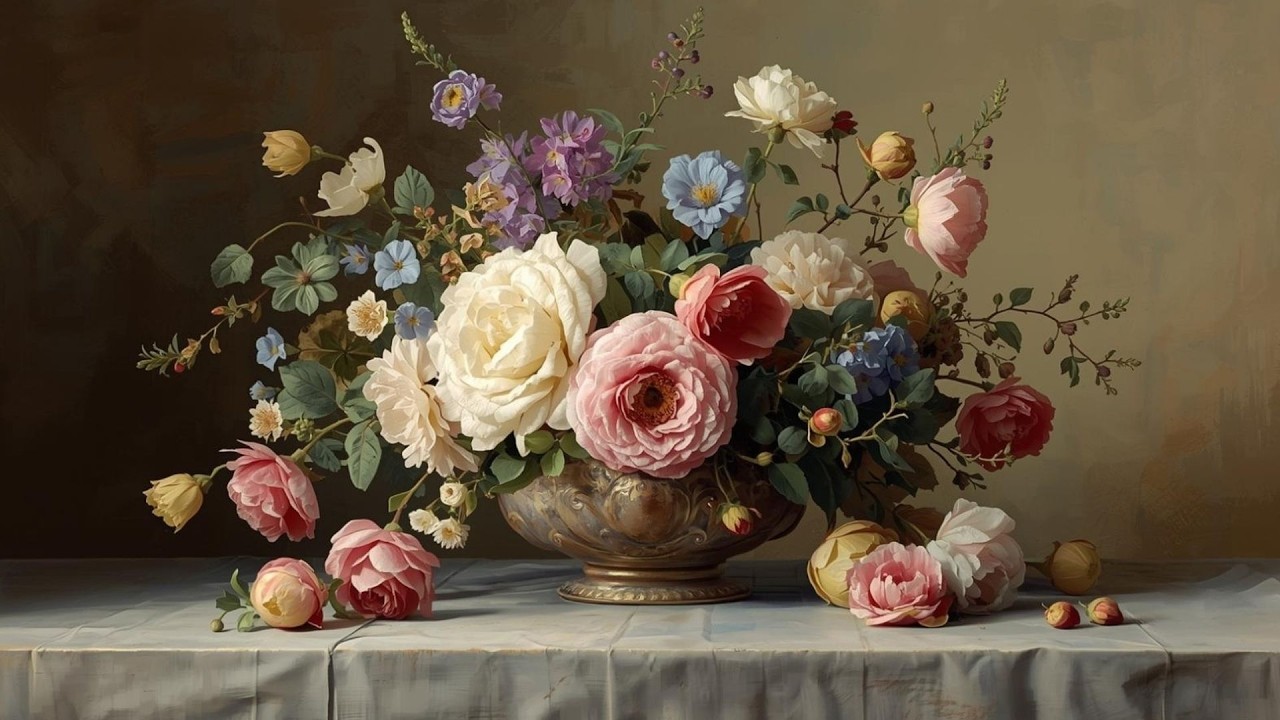 Rustic Garden Flower Still Life Vintage Painting | Frame TV Art Display | 2-Hour Screensaver