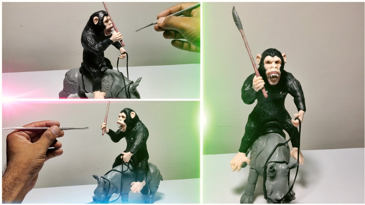 clay Sculpting: Diy Chimpanzee Riding Rhino made from Polymer clay, polymer clay tutorial, Clay Art