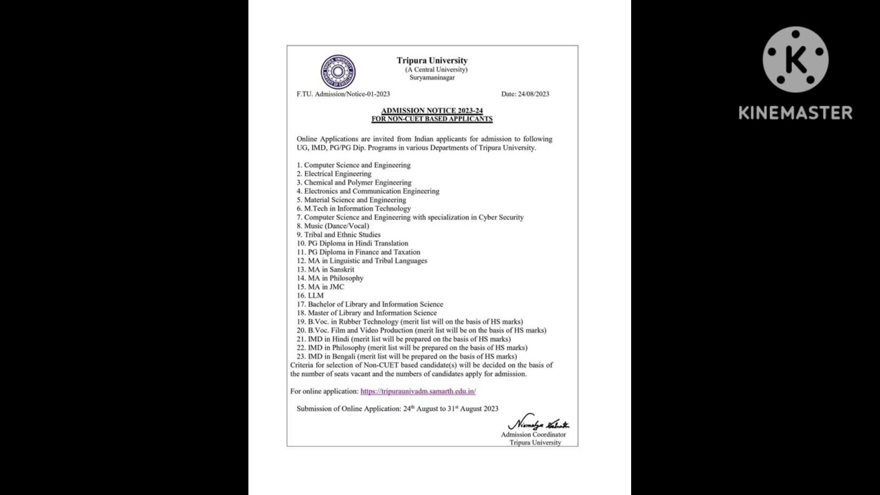 ADMISSION FOR NON-CUET Tripura University