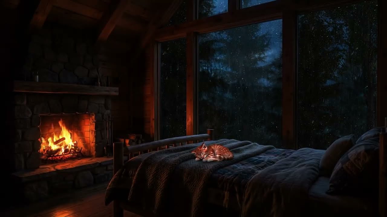 The Most Cozy Place on Earth 🌨️ Rain, Fireplace & Sleeping Cat Ambience